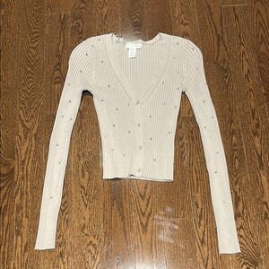 H&M Ribbed Cream Cardigan with Embellishments